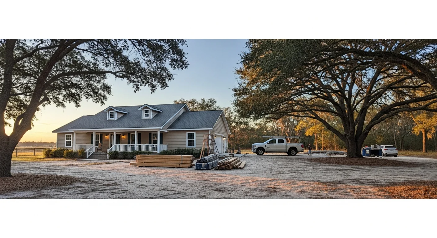 Rural Baker County home with mature trees and open property, showing typical residential setting in Macclenny area.