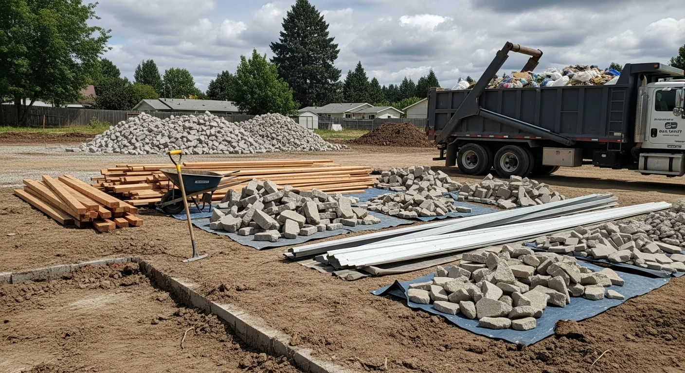 A cleared residential lot in Baker County, Oregon after full structure demolition and debris removal, showing bare ground ready for new construction. A general contractor crew loads remaining concrete and wood debris into a haul truck on a rural Baker County property.