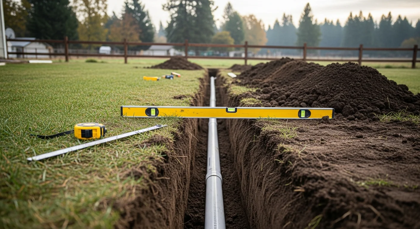 A licensed plumber from CSC Investment Operations LLC inspecting a newly installed underground drain line in an open trench at a residential property in Baker County, Oregon. The pipe is set at a consistent slope with clean backfill material staged alongside the trench.