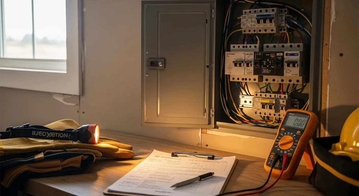 A licensed electrician from CSC Investment Operations LLC inspecting a residential electrical panel inside a Baker County home. The image shows the open panel with circuit breakers being checked for proper labeling and safe operation.