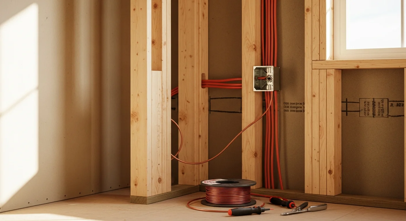 A licensed electrician installs new electrical wiring inside the wall framing of a residential home under construction in Baker County, Oregon. Exposed circuit runs and junction boxes are visible at the rough-in stage before drywall installation.