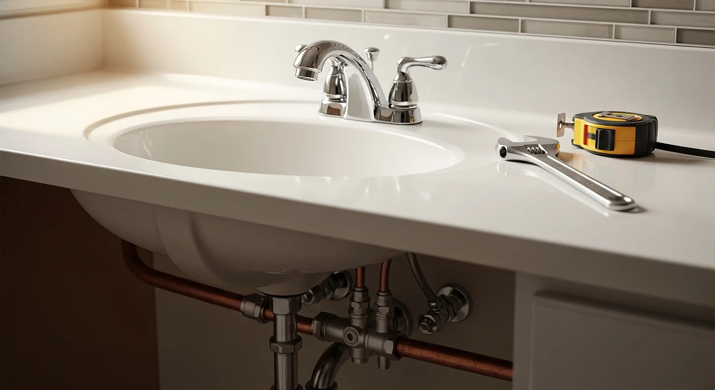A licensed plumber completing a bathroom sink fixture installation in a single-family home in Baker County, Florida. The new faucet is mounted and supply lines are connected under the vanity cabinet.