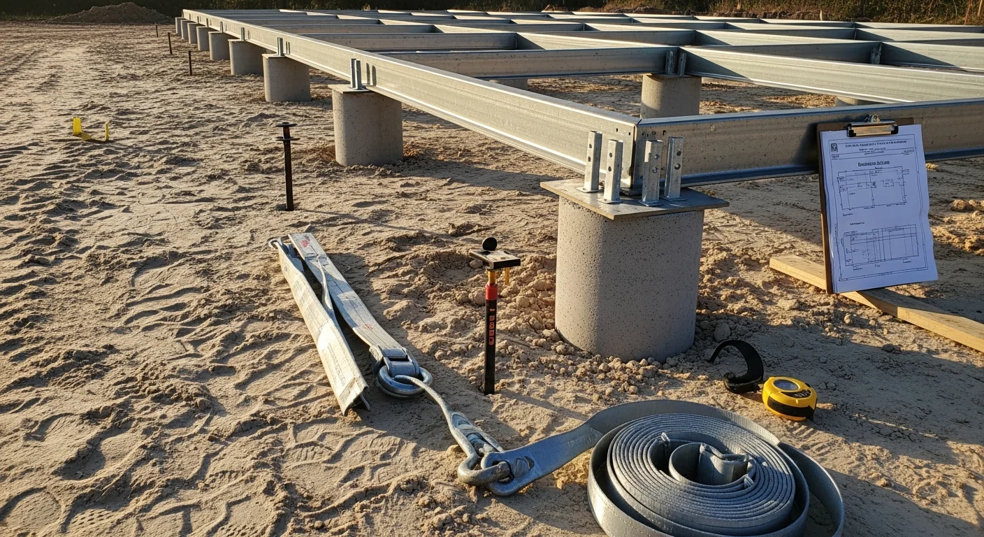 A mobile home positioned on concrete pier blocks with steel strap tie-downs installed on a cleared, graded lot in Baker County, Florida. The foundation shows evenly spaced piers under the steel chassis with proper ground clearance.