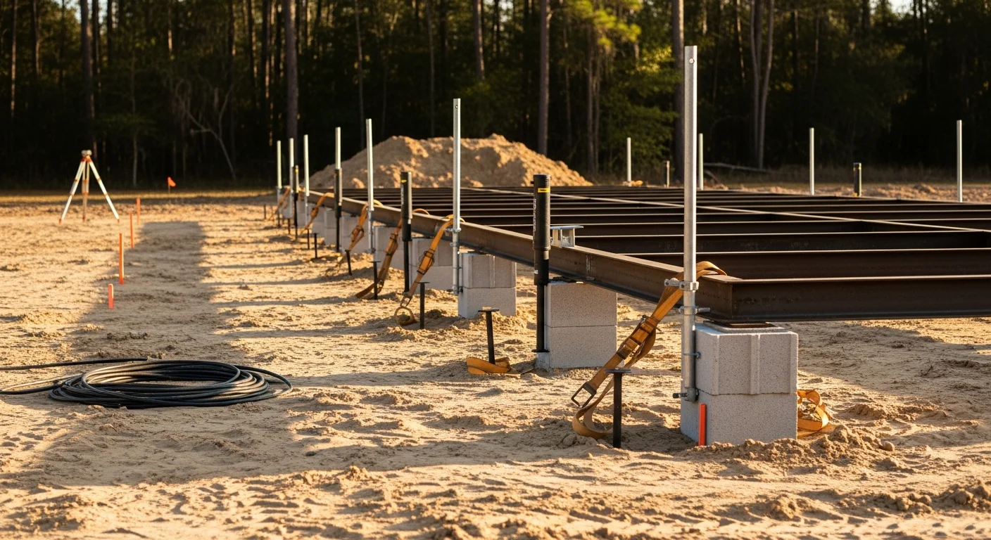 A single-wide mobile home being transported on a flatbed along a rural road in Baker County, FL, with pine trees visible on either side. The home is secured with straps and prepared for installation at a new private lot site.