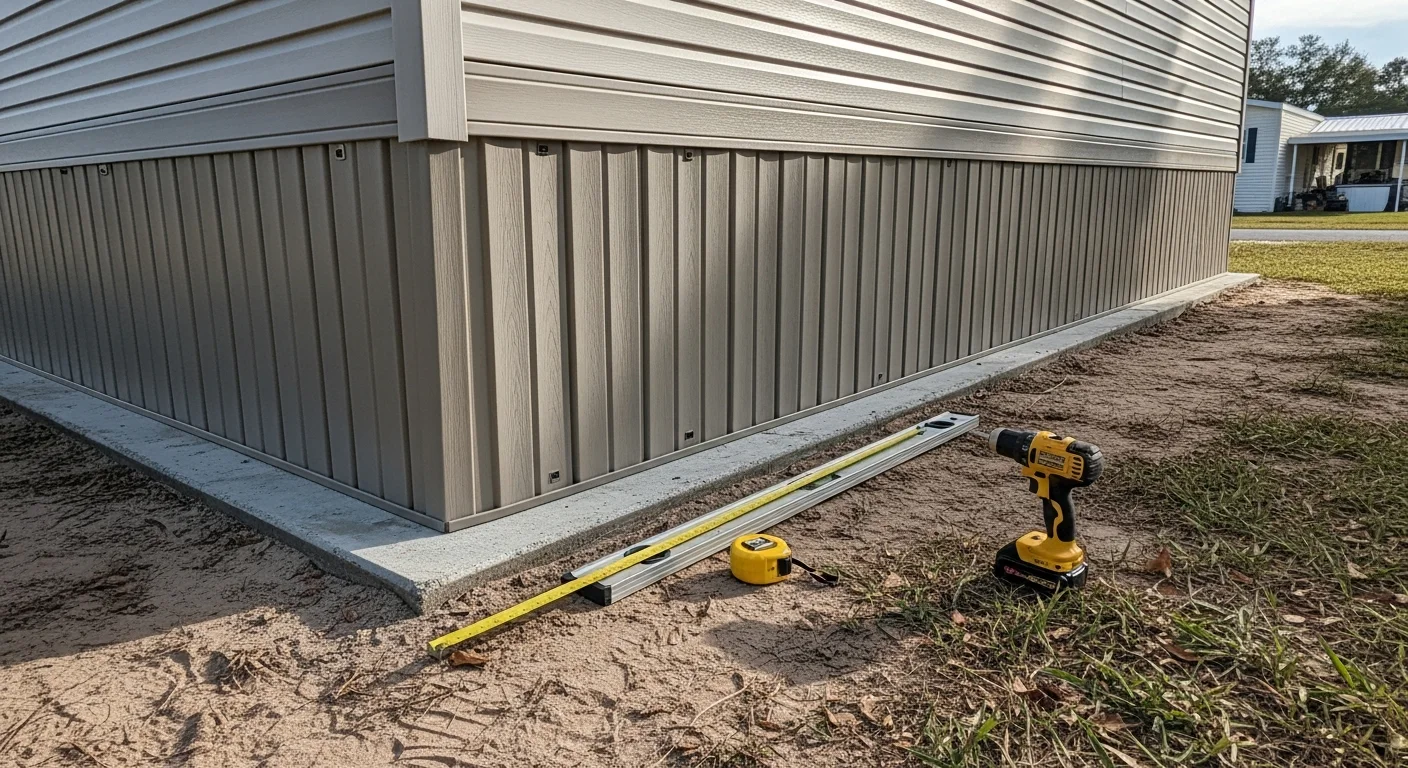 Freshly installed vinyl skirting running along the full base perimeter of a single-wide mobile home on a residential lot in Baker County, Florida. The panels are flush to the ground with no visible gaps, giving the home a clean, finished exterior.