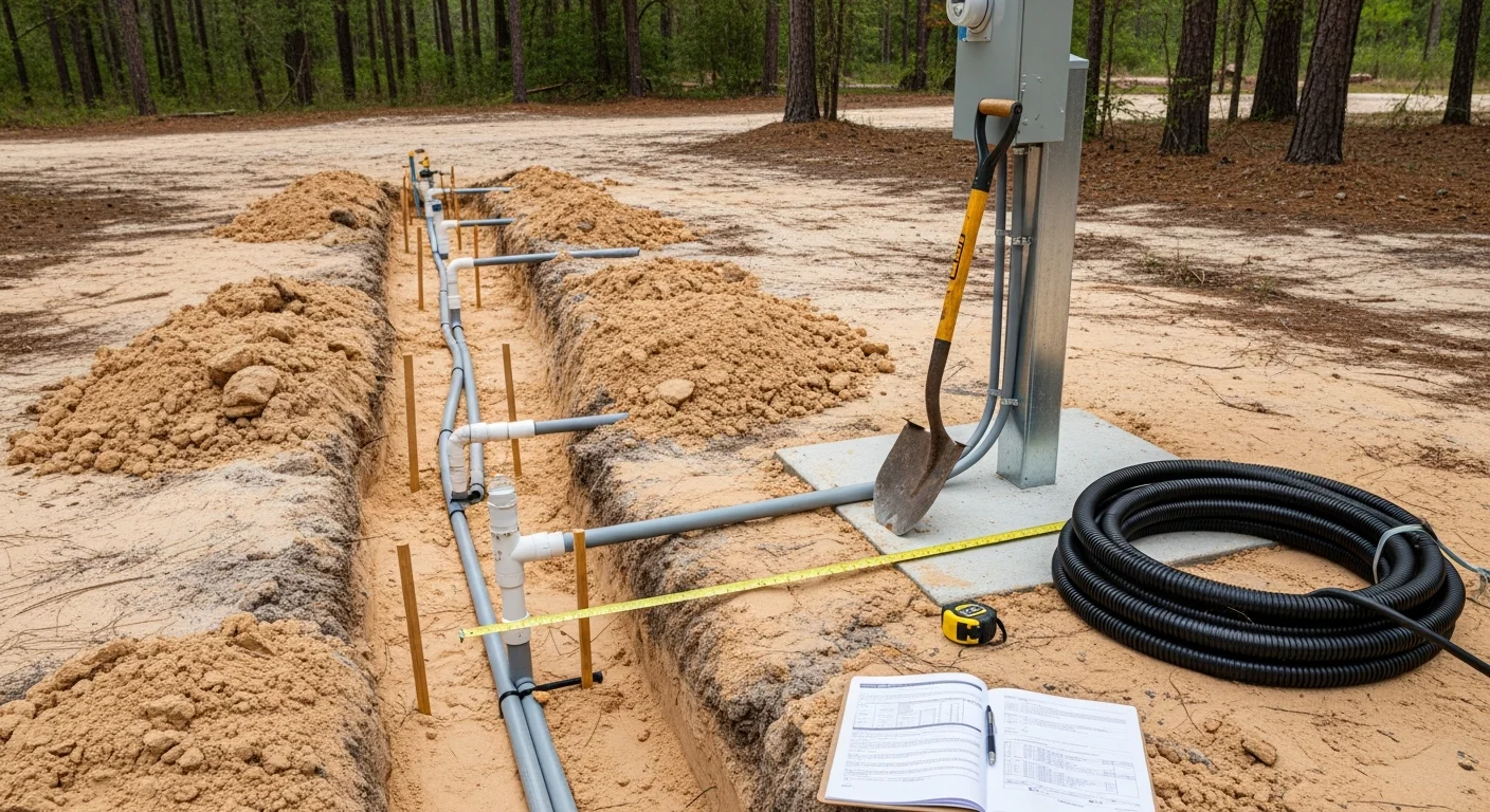 A mobile home on a rural Baker County, Florida lot with visible utility connections including an electrical pedestal, water supply line, and sewer hookup at the base of the home. A licensed technician inspects the completed connections alongside the skirted foundation.