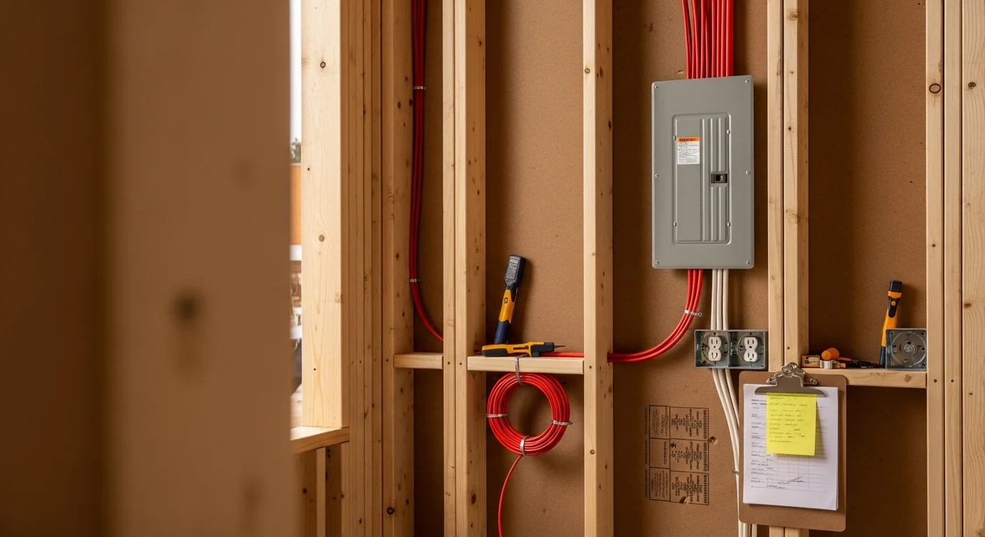 Licensed electrician installing circuit wiring and a main electrical panel inside the framed walls of a new home under construction in Baker County, Oregon. Exposed studs and rough-in wiring are visible, with the panel box mounted and circuits labeled for inspection.