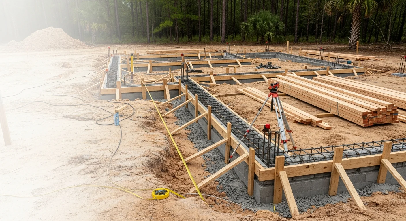 A newly framed single-family home under construction on a rural Baker County, Florida lot, with exposed wood framing, a concrete foundation slab, and cleared land surrounding the build site. A general contractor reviews plans on-site during the framing phase.