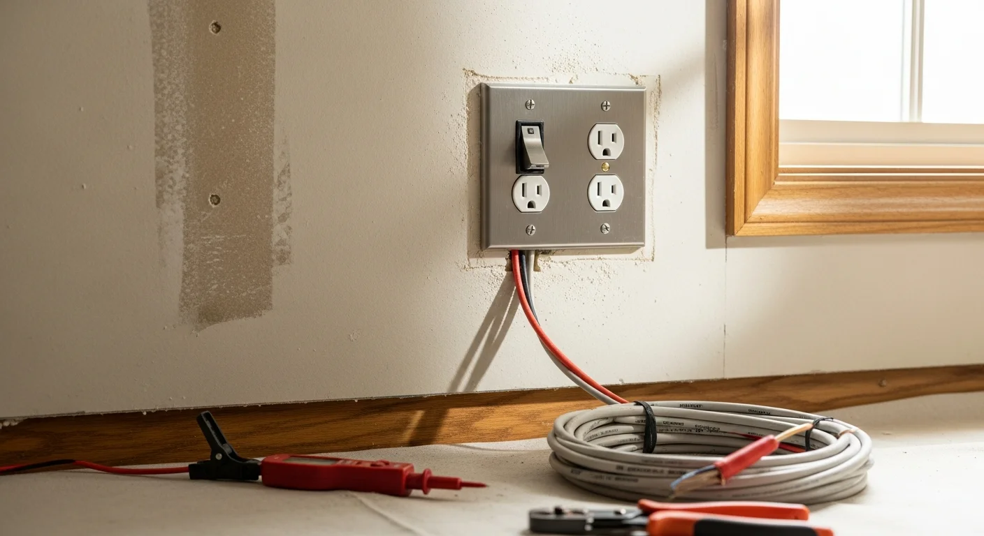 A licensed electrician installs a new GFCI outlet in a residential kitchen in Baker County, Oregon. The wall plate is open and the electrician is connecting wiring to the outlet terminals.