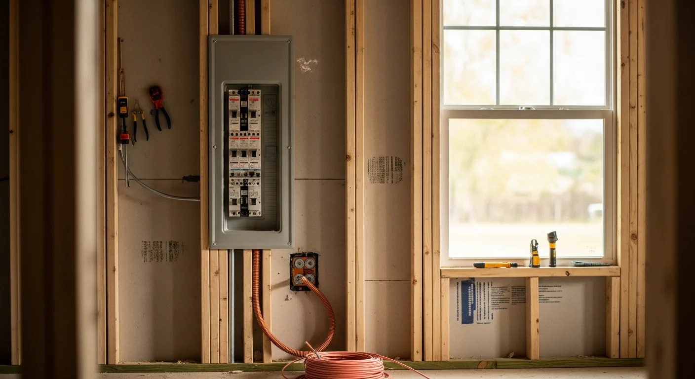 A newly installed residential electrical panel mounted on an interior wall of a Baker County, Florida home, with labeled circuit breakers and clean wiring connections visible inside the open enclosure.