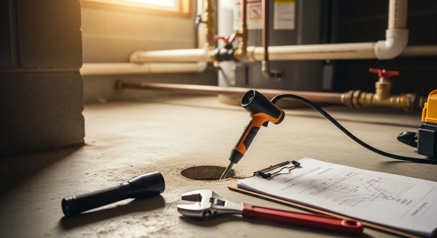 A licensed plumber from CSC Investment Operations LLC inspecting exposed supply lines and shut-off valves beneath a kitchen sink in a Baker County, Florida home. The image shows a flashlight being used to check pipe connections in a tight under-sink cabinet space.