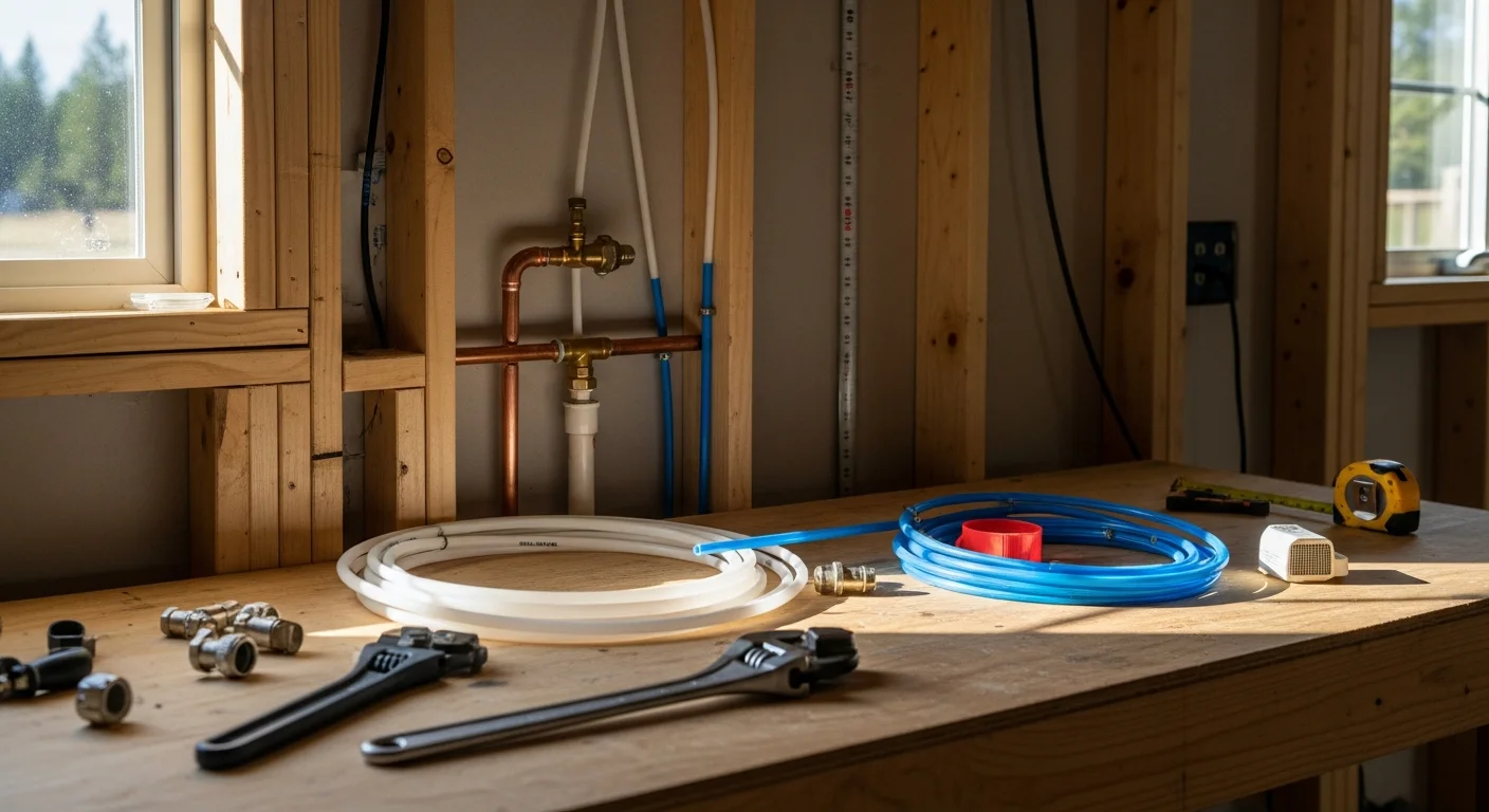 A licensed plumber installing water supply lines and drain piping beneath a kitchen sink inside a single-family home in Baker County, Oregon. New copper and PVC fittings are visible with clean, code-compliant connections in place.