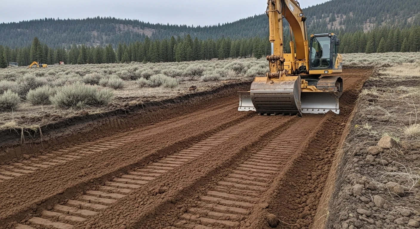 A graded and cleared building site on a rural Baker County, Oregon parcel, with leveled soil and defined drainage slope visible in the foreground. A general contractor's excavation equipment sits at the edge of the prepared lot against a backdrop of the rugged Baker County landscape.
