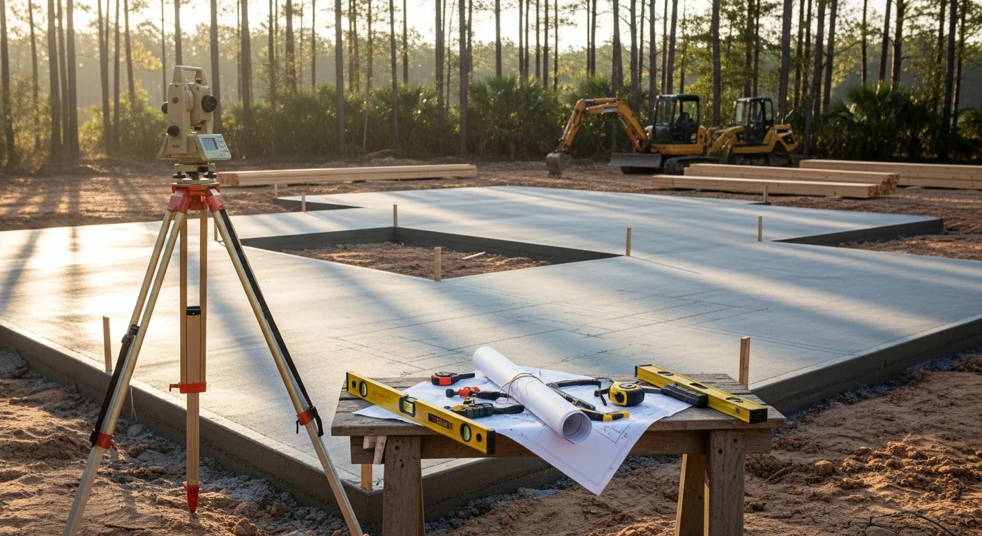 A newly completed turnkey construction build on a rural Baker County, FL lot, showing a finished structure with a cleared site and exterior walls complete. The surrounding pine tree landscape and open acreage reflect the North Florida setting typical of Baker County properties.