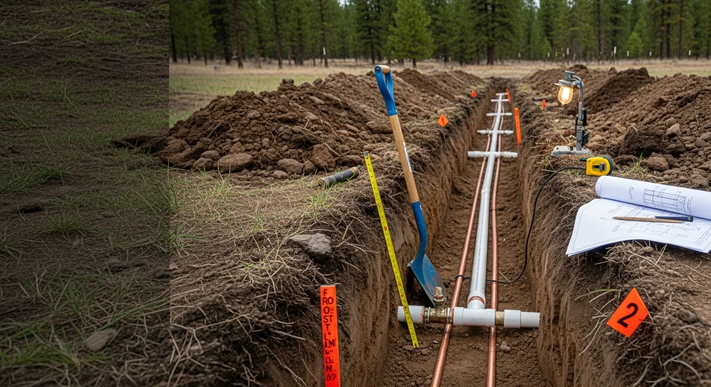 A freshly excavated trench on a residential property in Baker County, Oregon, showing a new water supply line being installed at depth below the frost line. A licensed plumber inspects the pipe run before backfill on a rural eastern Oregon lot.